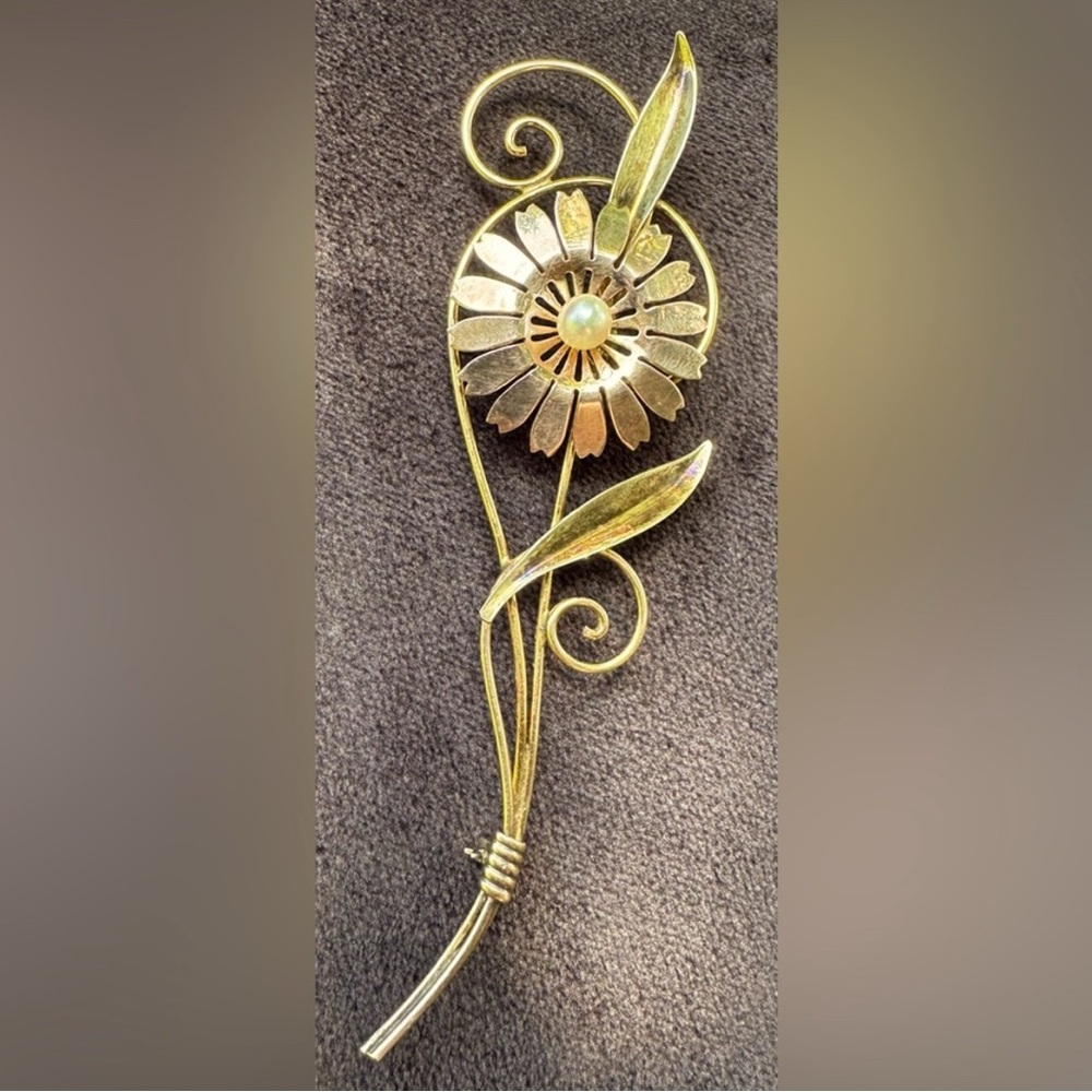 Vintage Van Dell Silver & Gold Filled Flower Brooch w Genuine Pearl; 4.25”